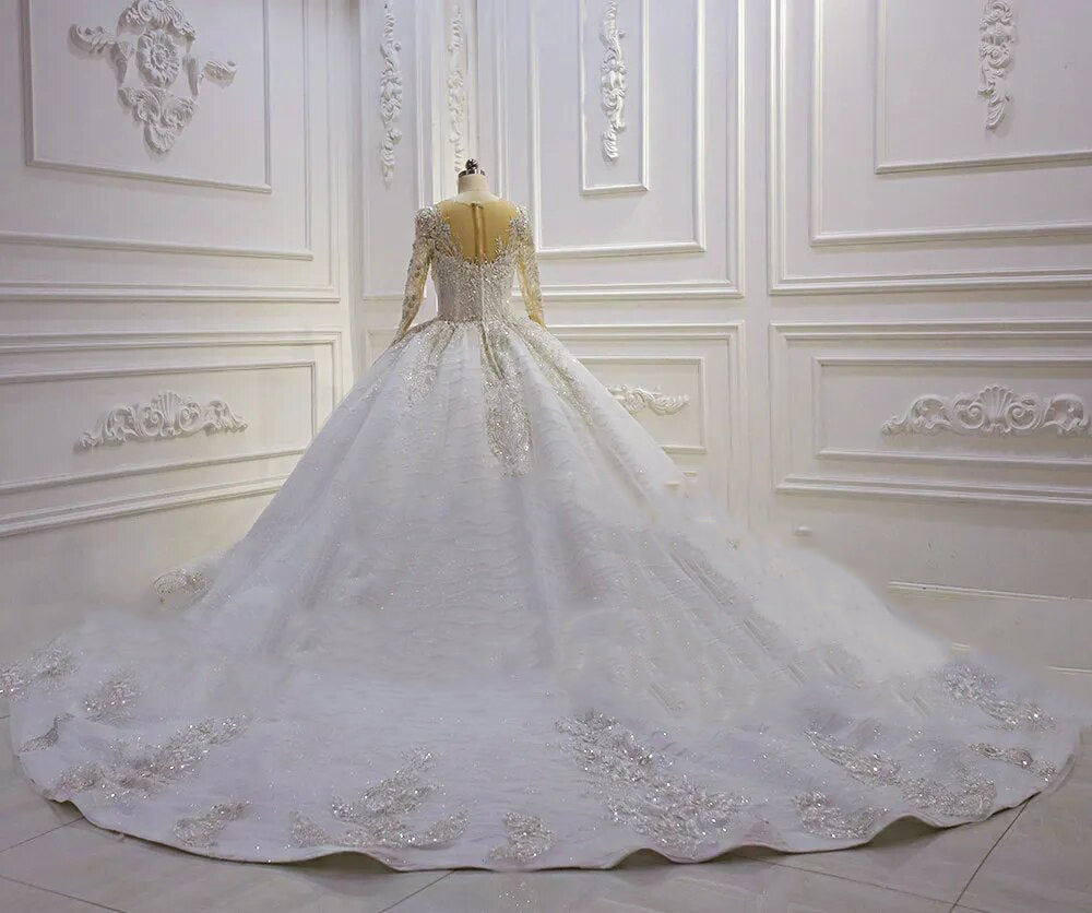 Women's V-Neck Long Sleeves Court Train Bridal Wedding Dress