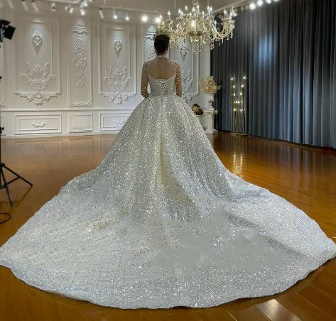 Women's High Neck Long Sleeves Court Train Bridal Wedding Dress