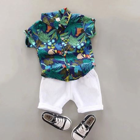 Kid's Boy Cotton Turn-Down Collar Short Sleeves Swimwear Set