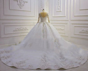 Women's V-Neck Long Sleeves Court Train Bridal Wedding Dress