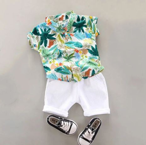 Kid's Boy Cotton Turn-Down Collar Short Sleeves Swimwear Set