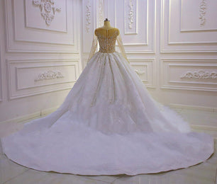 Women's O-Neck Long Sleeves Court Train Bridal Wedding Dress