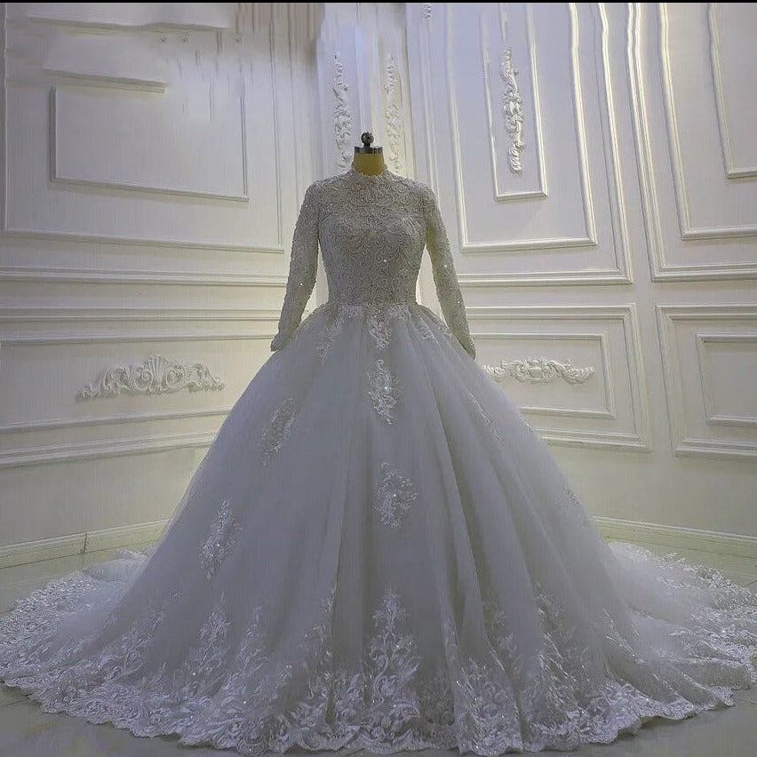 Women's High-Neck Long Sleeves Court Train Bridal Wedding Dress