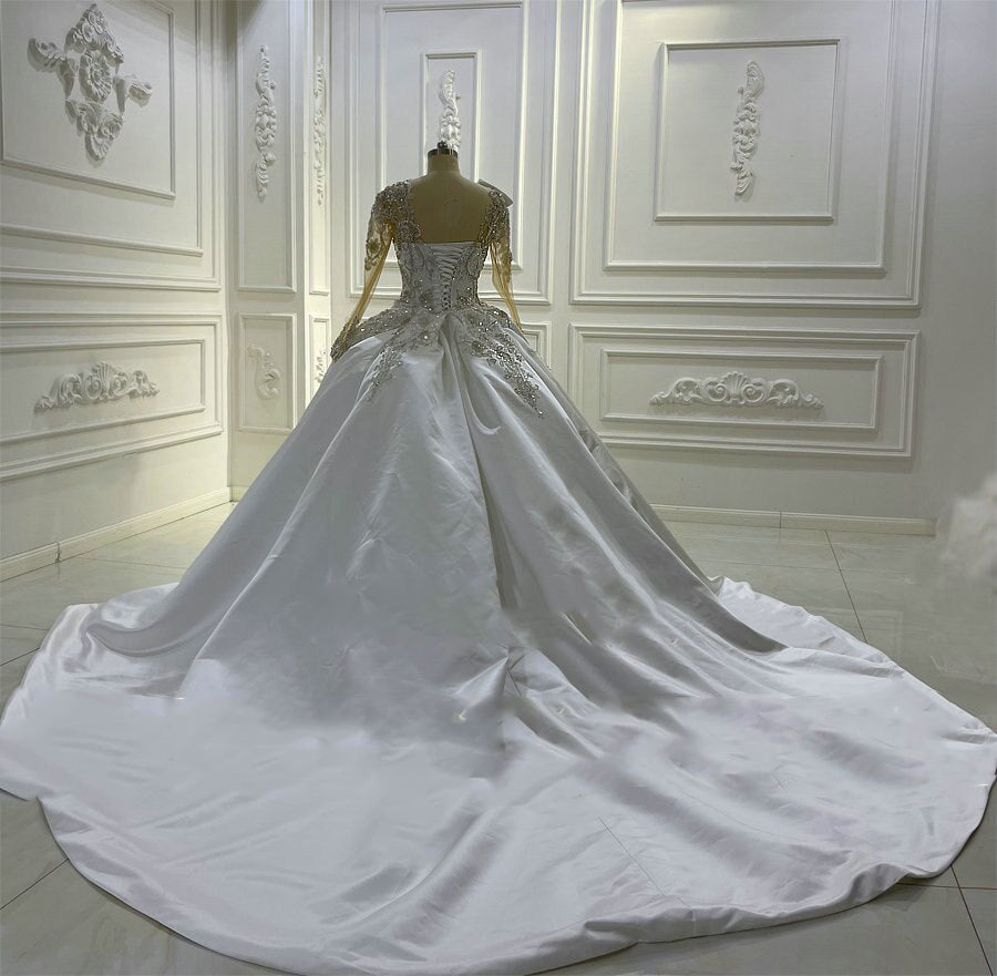 Women's Satin V-Neck Full Sleeve Court Train Bridal Wedding Dress