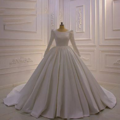 Women's Satin O-Neck Full Sleeve Ball Gown Bridal Wedding Dresses