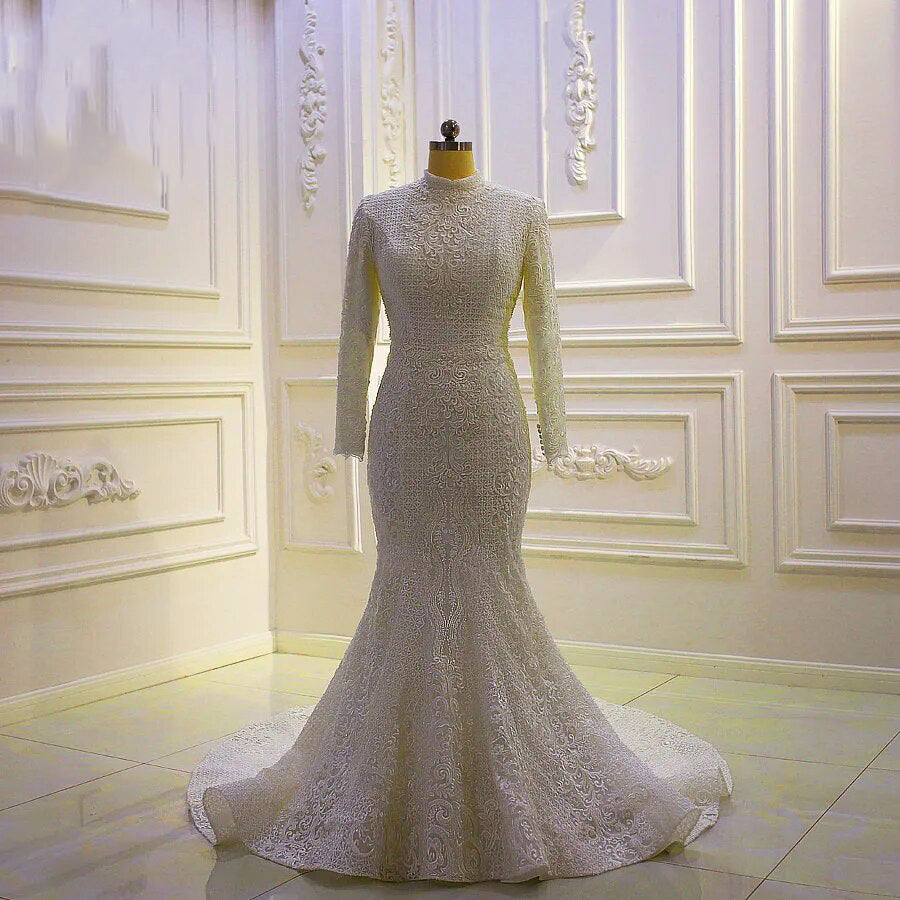 Women's High-Neck Long Sleeves Court Train Bridal Wedding Dress