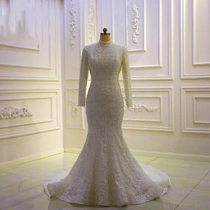 Women's High-Neck Long Sleeves Court Train Bridal Wedding Dress