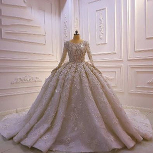 Women's O-Neck Long Sleeves Court Train Bridal Wedding Dress