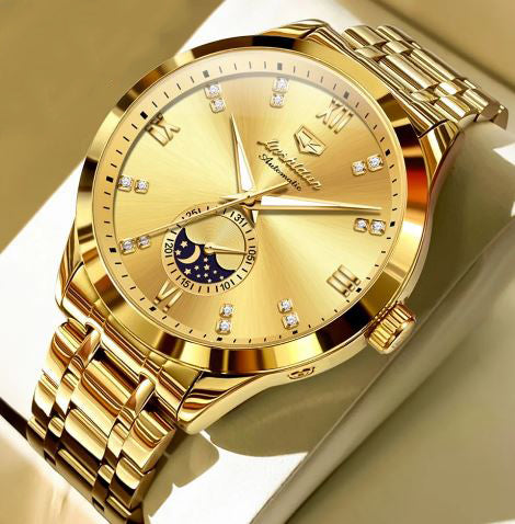 Men's Stainless Steel Push Button Hidden Clasp Round Wrist Watch