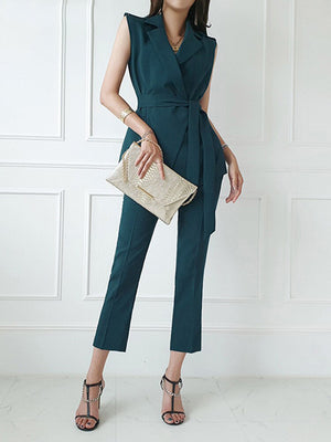 Women's Polyester Notched Collar Sleeveless Solid Blazer Set