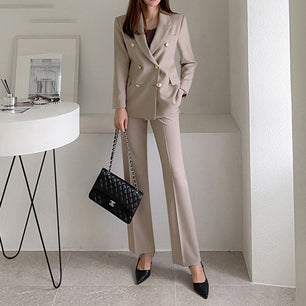 Women's Cotton Notched Collar Double Breasted Solid Blazer Set