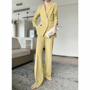 Women's Polyester Notched Collar Double Breasted Solid Blazer Set