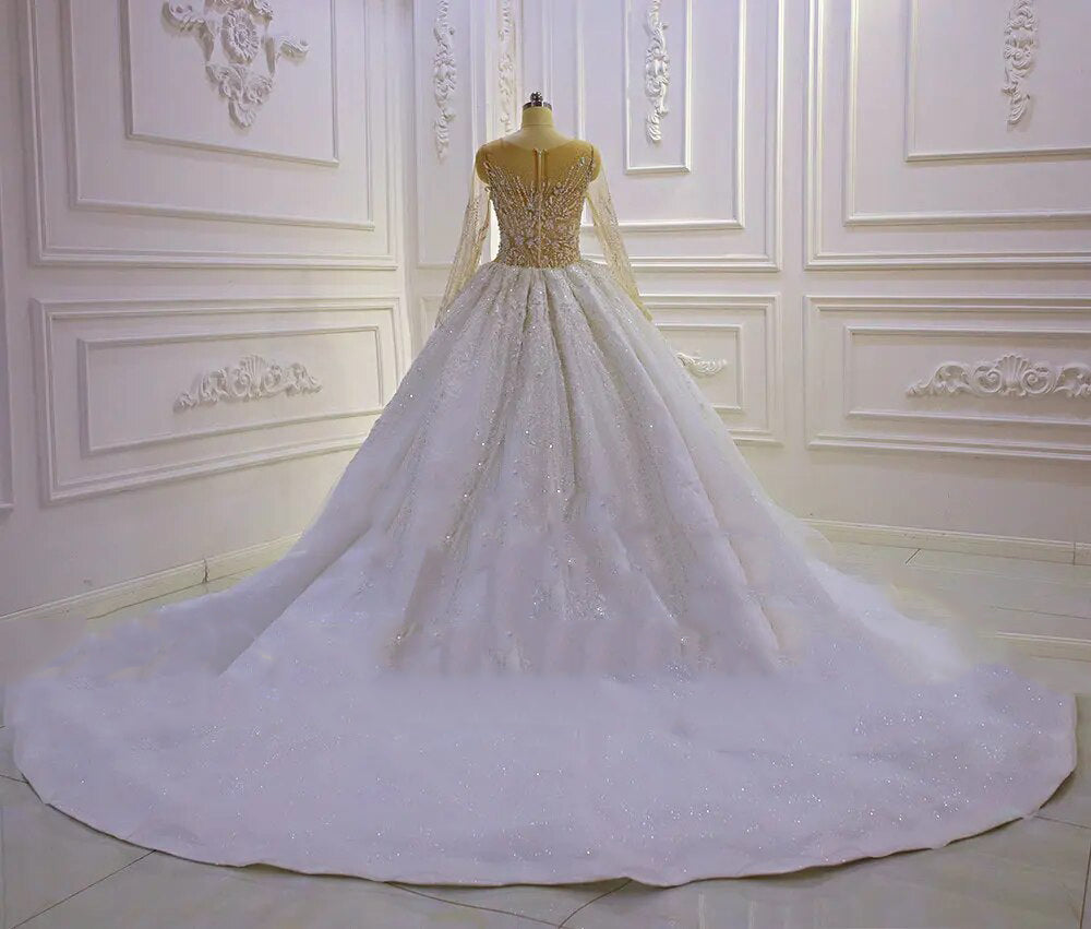 Women's V-Neck Long Sleeves Court Train Bridal Wedding Dress