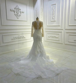 Women's V-Neck Long Sleeves Court Train Mermaid Wedding Dress