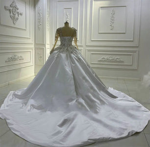 Women's V-Neck Long Sleeves Court Train Bridal Wedding Dress