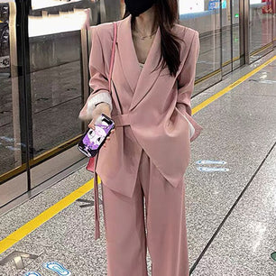 Women's Cotton V-Neck Full Sleeves Solid Pattern Blazer Set