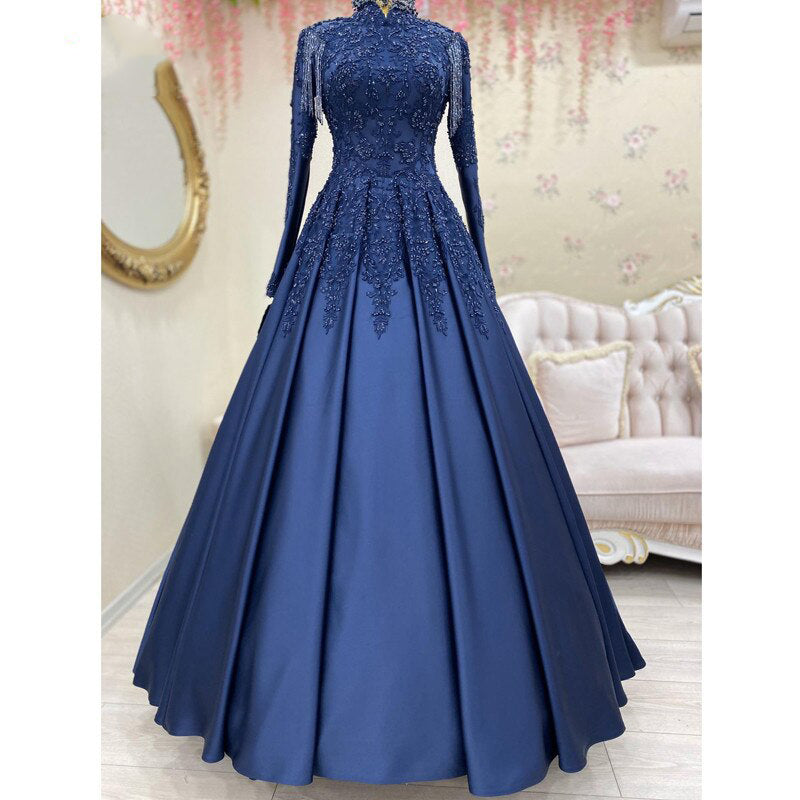 Women's Polyester High Neck Long Sleeves Beaded Formal Prom Dress