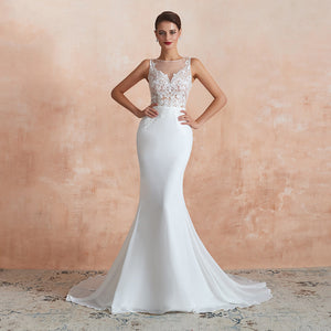 Women's Boat Neck Sleeveless Sweep Train Bridal Wedding Dress