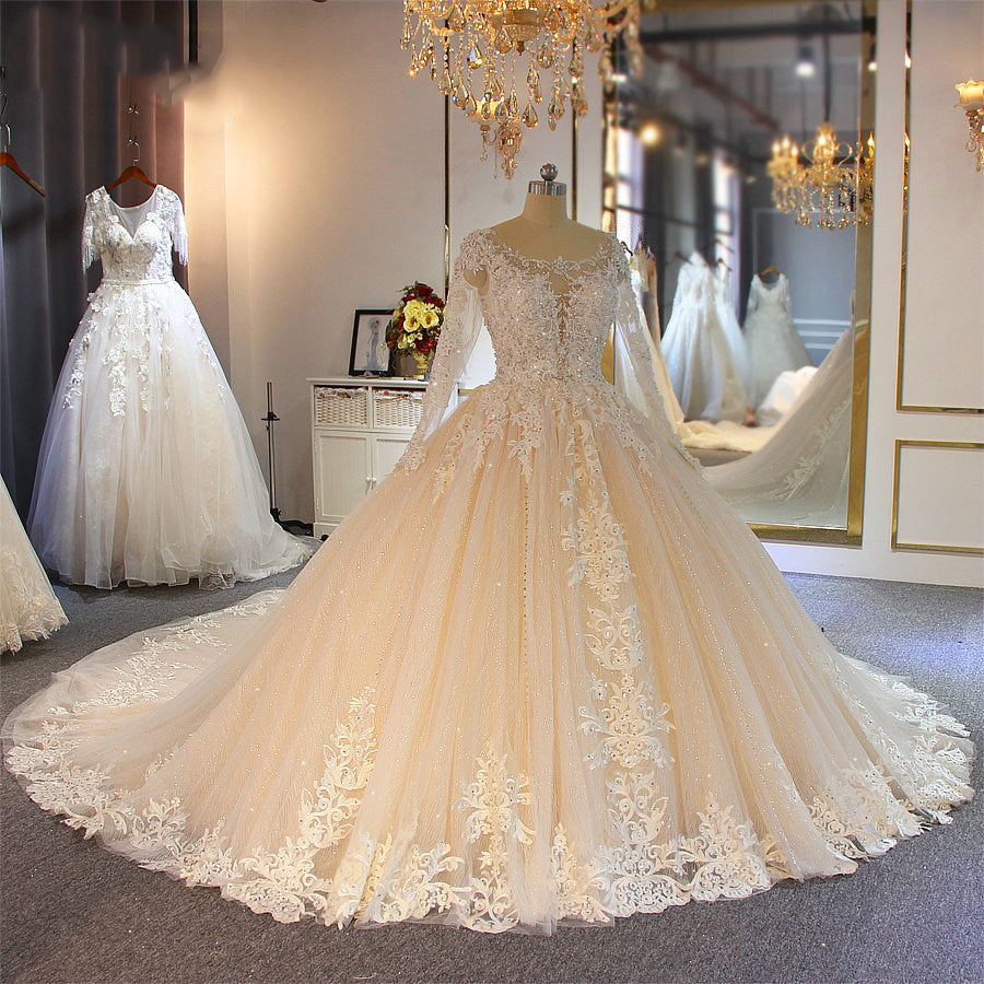 Women's Boat Neck Full Sleeve Lace-Up Bridal Gown Wedding Dresses