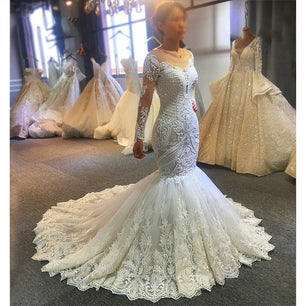 Women's Deep Boat Neck Full Sleeves Mermaid Wedding Dresses