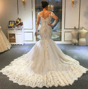 Women's Deep Boat Neck Full Sleeves Mermaid Wedding Dresses