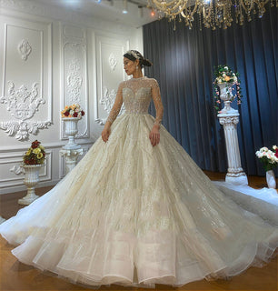 Women's High Neck Full Sleeves Lace Up Bridal Wedding Dresses