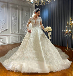 Women's O-Neck Full Sleeve Cathedral Train Bridal Wedding Dresses