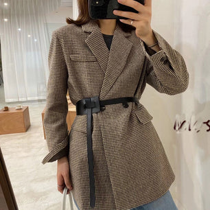 Women's Notched Collar Full Sleeves Double Breasted Plaid Blazers