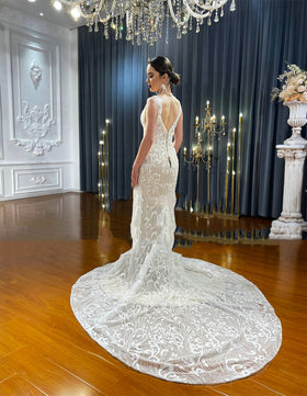 Women's V-Neck Sleeveless Sweep Train Luxury Wedding Dresses