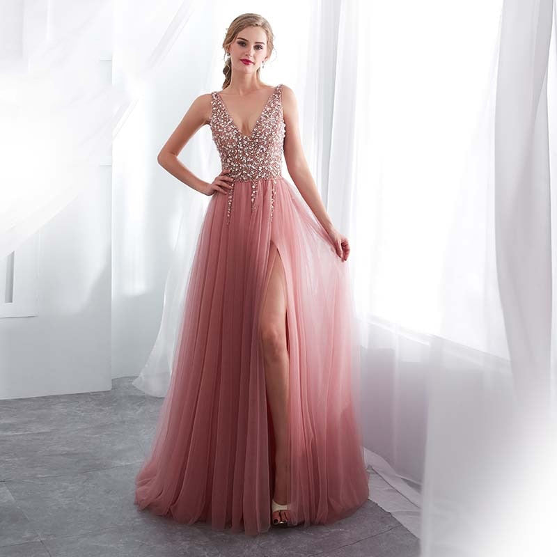 Women's V-Neck Polyester Sleeveless Beading Tulle Backless Dress