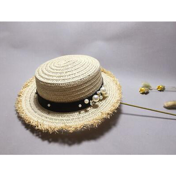 Women's Round Straw Striped Pearl Strap Summer Wear Brim Hats