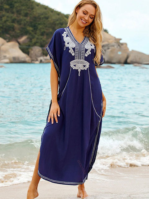 Women's V-Neck Short Sleeve Caftan Style Beach Wear Cover Up