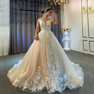 Women's Open Heart Neck Chapel Train Lace-Up Bridal Wedding Dress