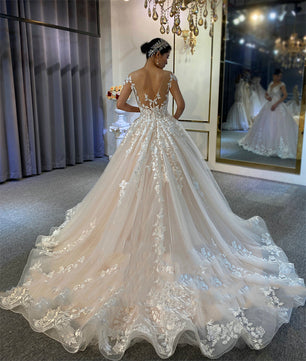 Women's Open Heart Neck Chapel Train Lace-Up Bridal Wedding Dress