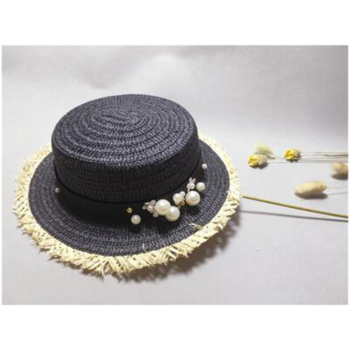 Women's Round Straw Striped Pearl Strap Summer Wear Brim Hats