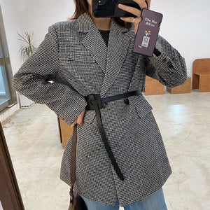 Women's Notched Collar Full Sleeves Double Breasted Plaid Blazers