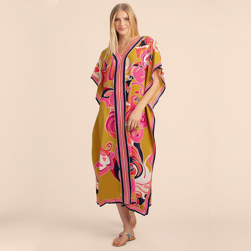 Women's V-Neck Short Sleeve Floral Printed Caftan Cover Up