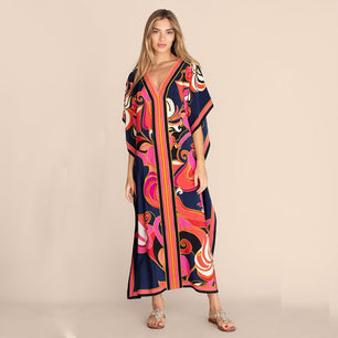 Women's V-Neck Short Sleeve Floral Printed Caftan Cover Up