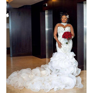 Women's High Neck Full Sleeves Court Train Ruffle Wedding Dresses