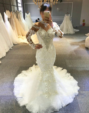 Women's High Neck Full Sleeves Mermaid Bridal Wedding Dresses