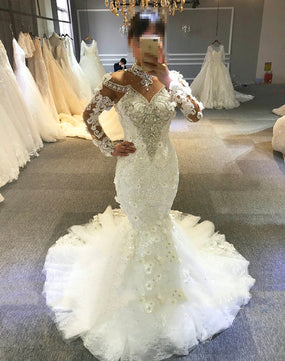 Women's High Neck Full Sleeves Mermaid Bridal Wedding Dresses