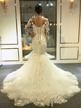 Women's High Neck Full Sleeves Mermaid Bridal Wedding Dresses