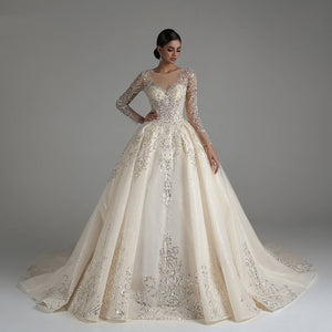 Women's O-Neck Full Sleeves Court Train Bridal Wedding Dress