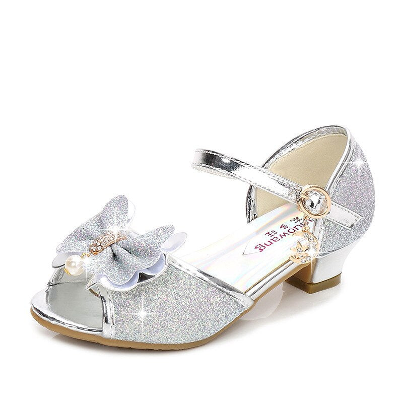 Kid's Peep Toe PU Square Heels Butterfly-Knot Shiny Wedding Shoes