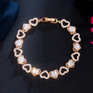 Women's Copper Cubic Zirconia Link Chain Heart Pattern Bracelet