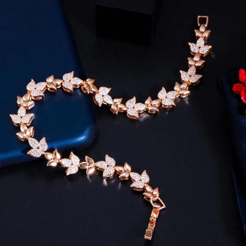 Women's Copper Cubic Zirconia Link Chain Plant Pattern Bracelet