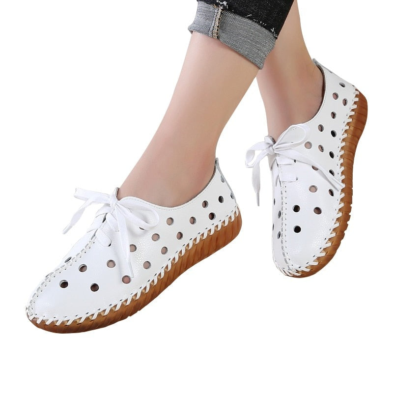 Women's Genuine Leather Lace Up Closure Round Toe Patchwork Shoes