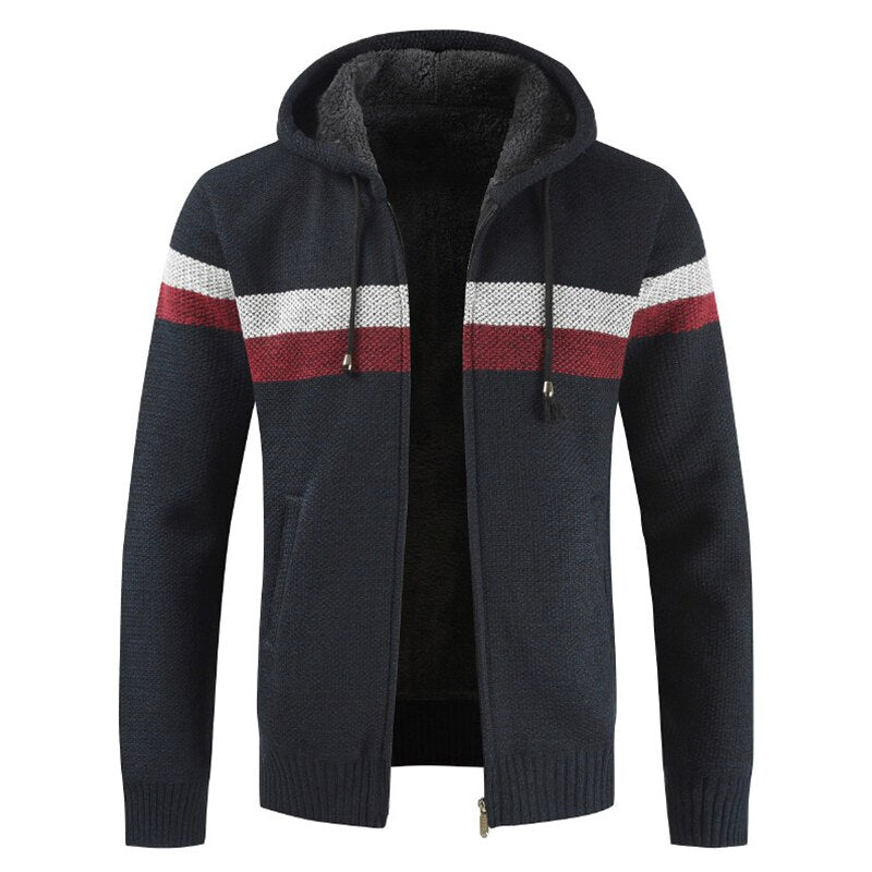 Men's Drawstring Hooded Thick Fleece Striped Pattern Cardigan