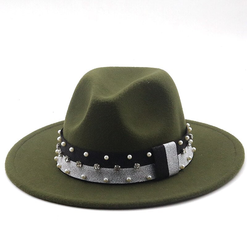 Women's Wool Ribbon Band Pearl Pattern Casual Wear Elegant Hat