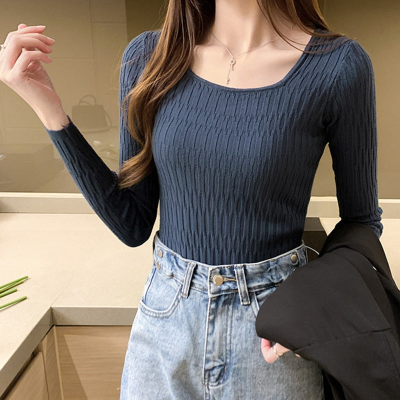 Women's Wool Square Neck Full Sleeves Casual Pullovers Sweaters